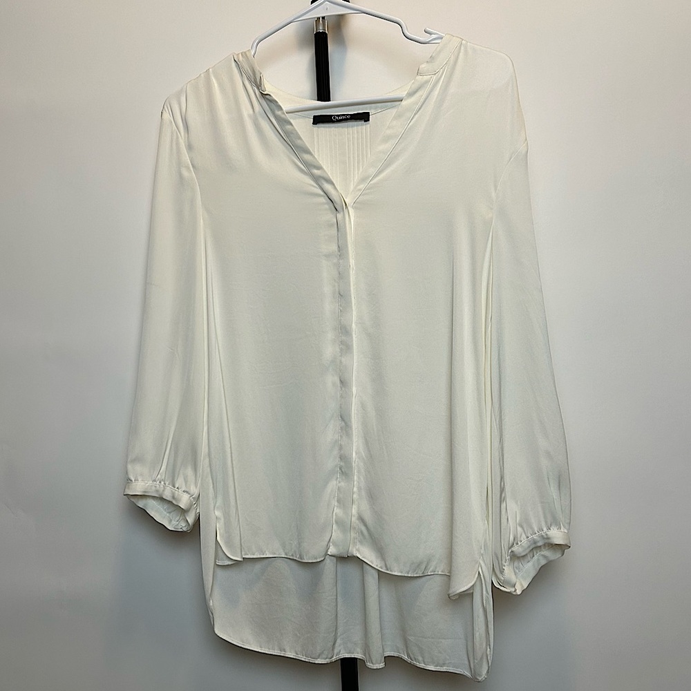 Quince women’s “Washable Stretch Silk Pleat Back Blouse”, color ivory, size S
